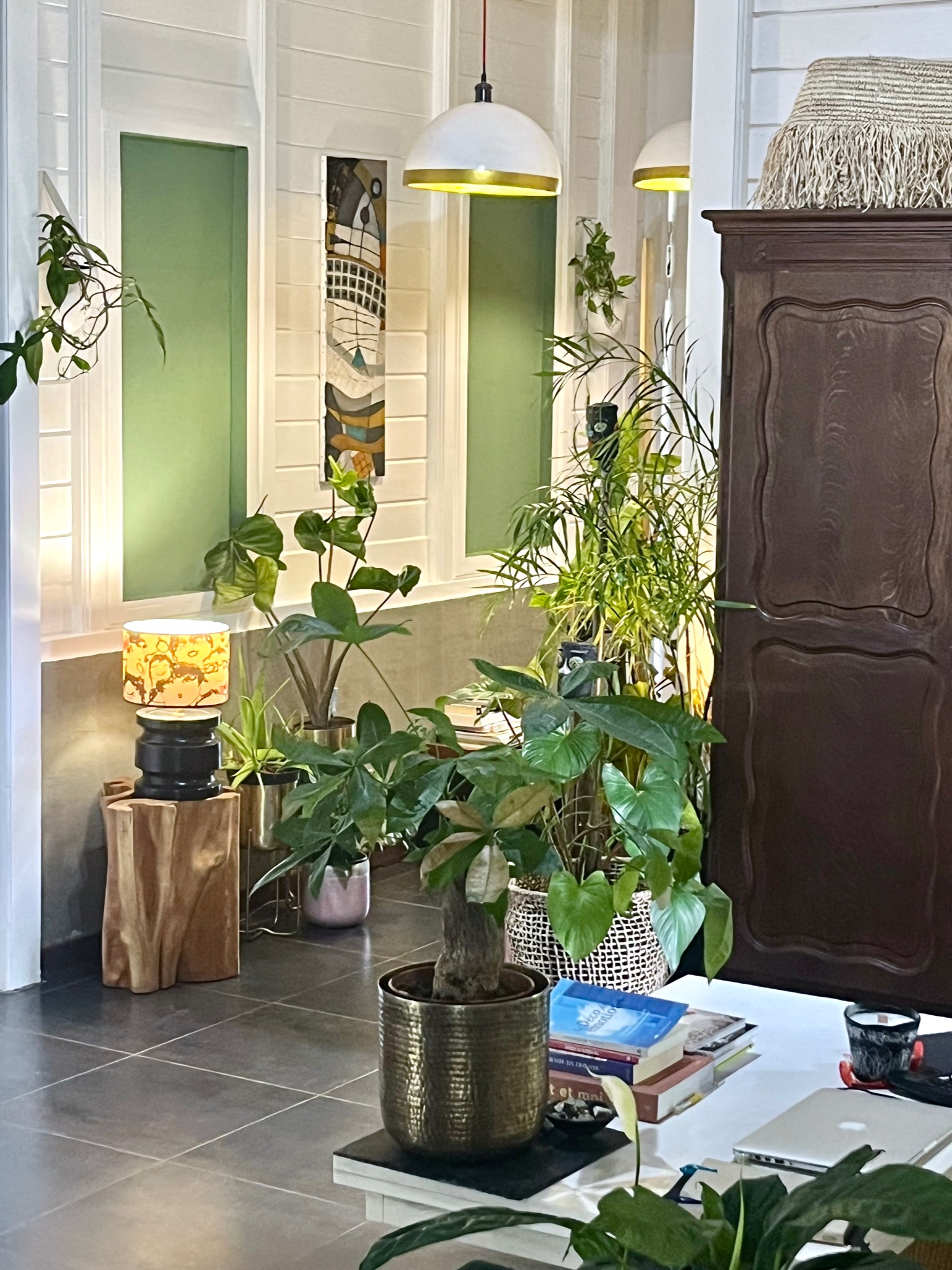 Un espace dédiée à la lecture et au calme, avec des plantes à profusion, au baobab rouge, Martinique